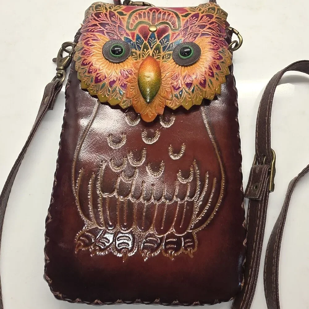 Genuine Leather  Colorful Owl Cross-body Wallet/Purse
